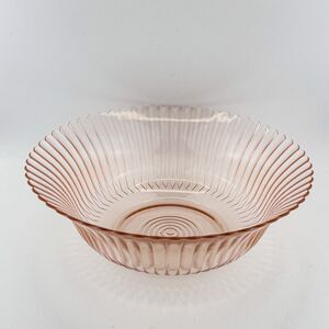 Vintage Pink Depression Glass Ribbed Serving Bowl 9” Fluted Rim Art Deco